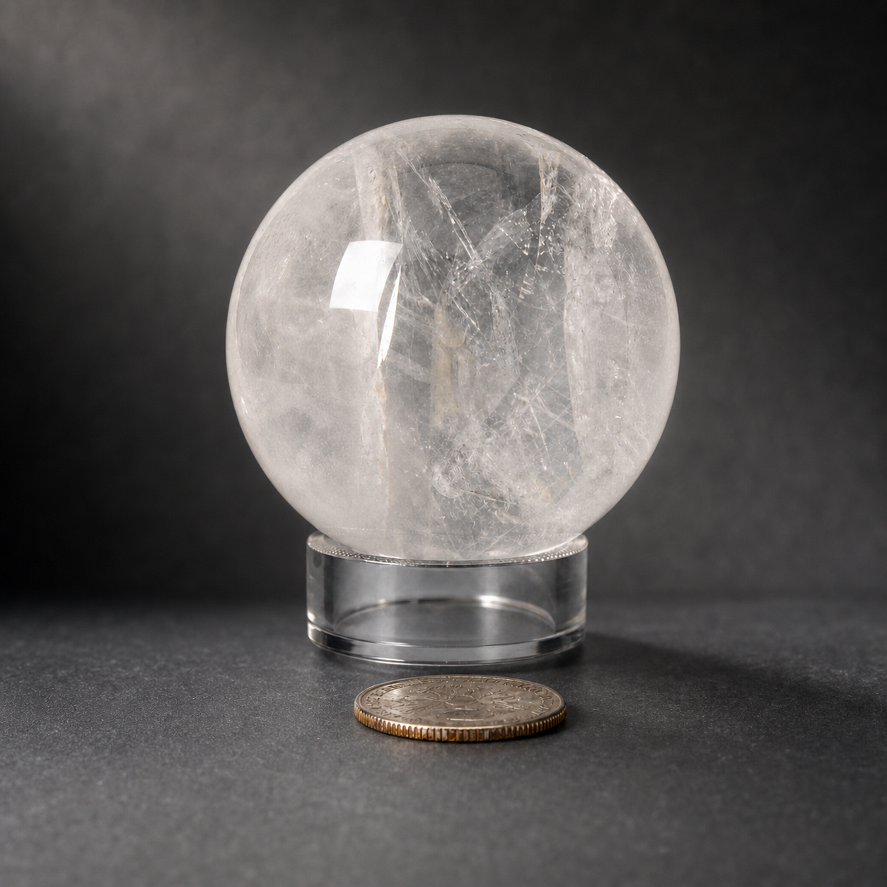 A clear quartz sphere resting on a clear acrylic ring stand against a dark background, shown with a coin in front for size comparison.