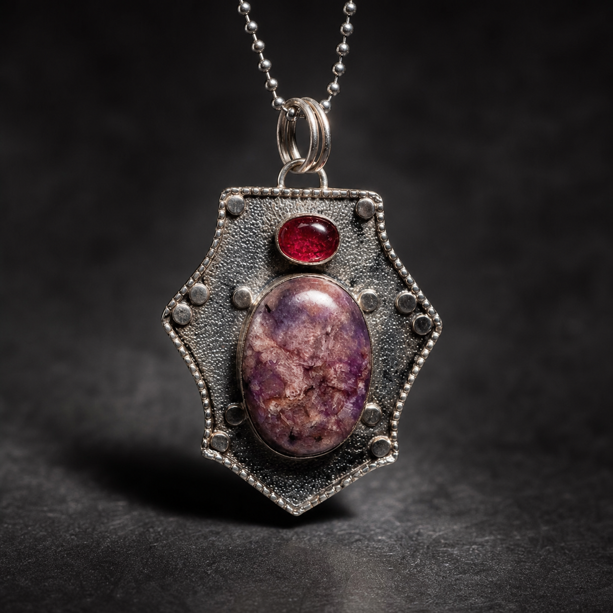 An ornate, textured 925 sterling silver shield pendant setting holding an oval violet charoite gemstone and a small red accent stone