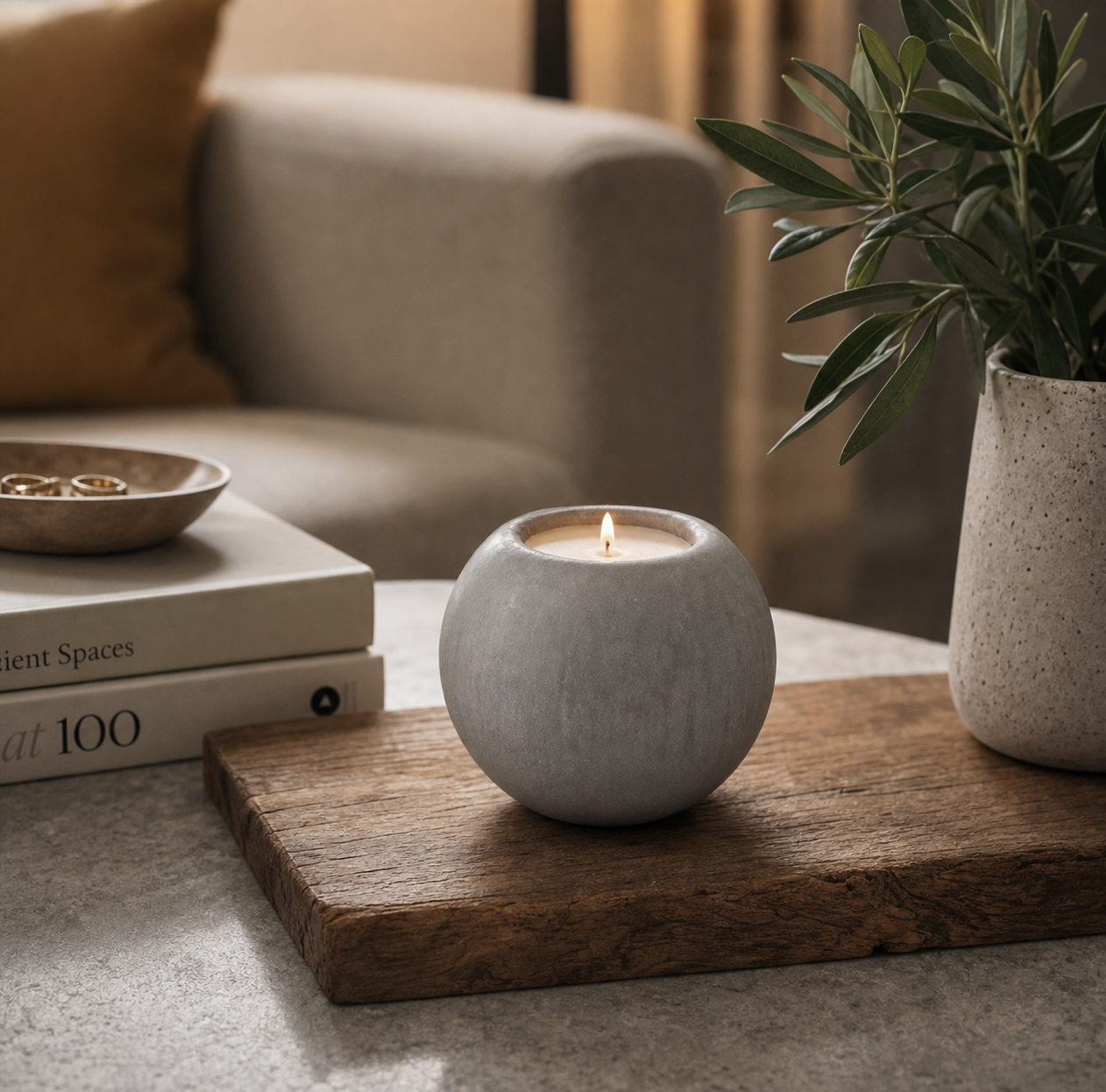 A lit round selenite crystal tea light holder creating ambient lighting on a rustic wood board as a centerpiece in a cozy living room display.