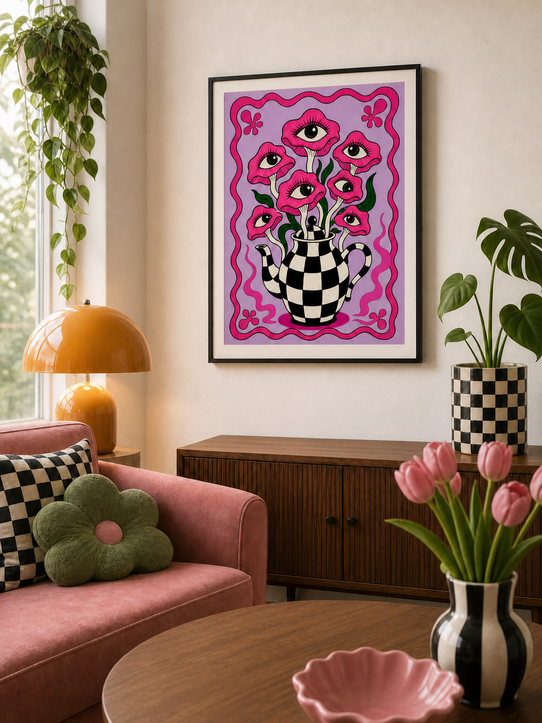 An 18x24 framed surreal teapot poster hanging on a living room wall above a modern wooden cabinet and next to a pink sofa.