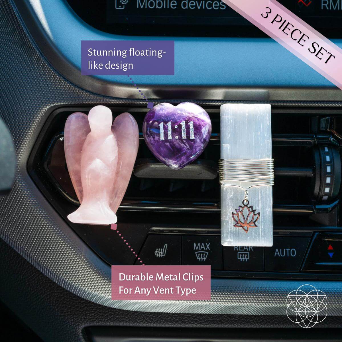 : A three-piece crystal car vent clip set featuring a rose quartz angel, an amethyst 11:11 heart, and a selenite stick with a lotus charm, attached to a car's AC vent.