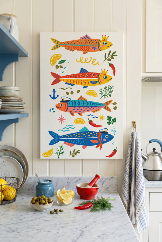 Mediterranean Sardine Festival Canvas Print — Whimsical Seafood Wall Art for Coastal Kitchens & Nautical Decor - Mood & MediumCanvas