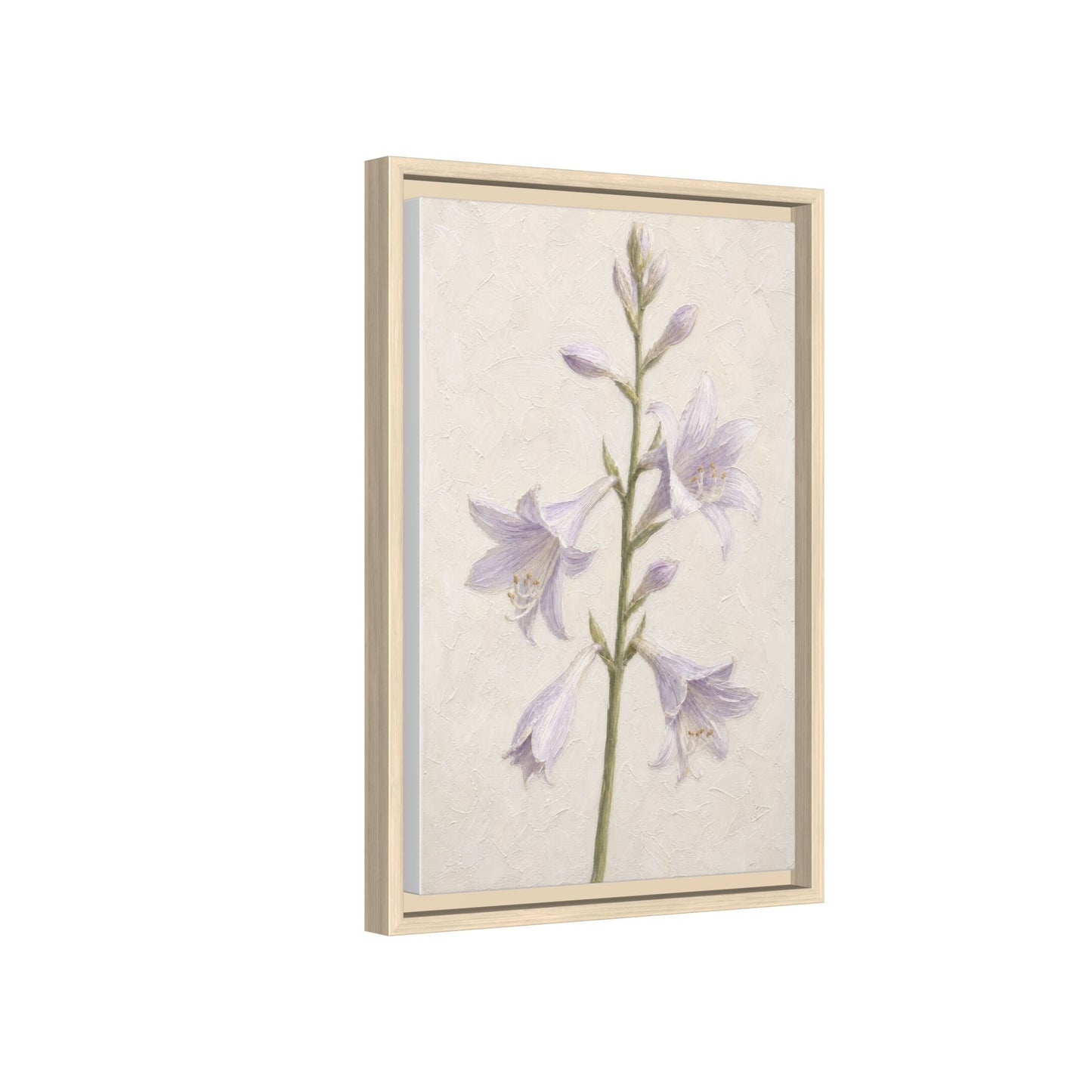 Side angled shot displaying the natural wood texture and depth of the framed floral canvas print.
