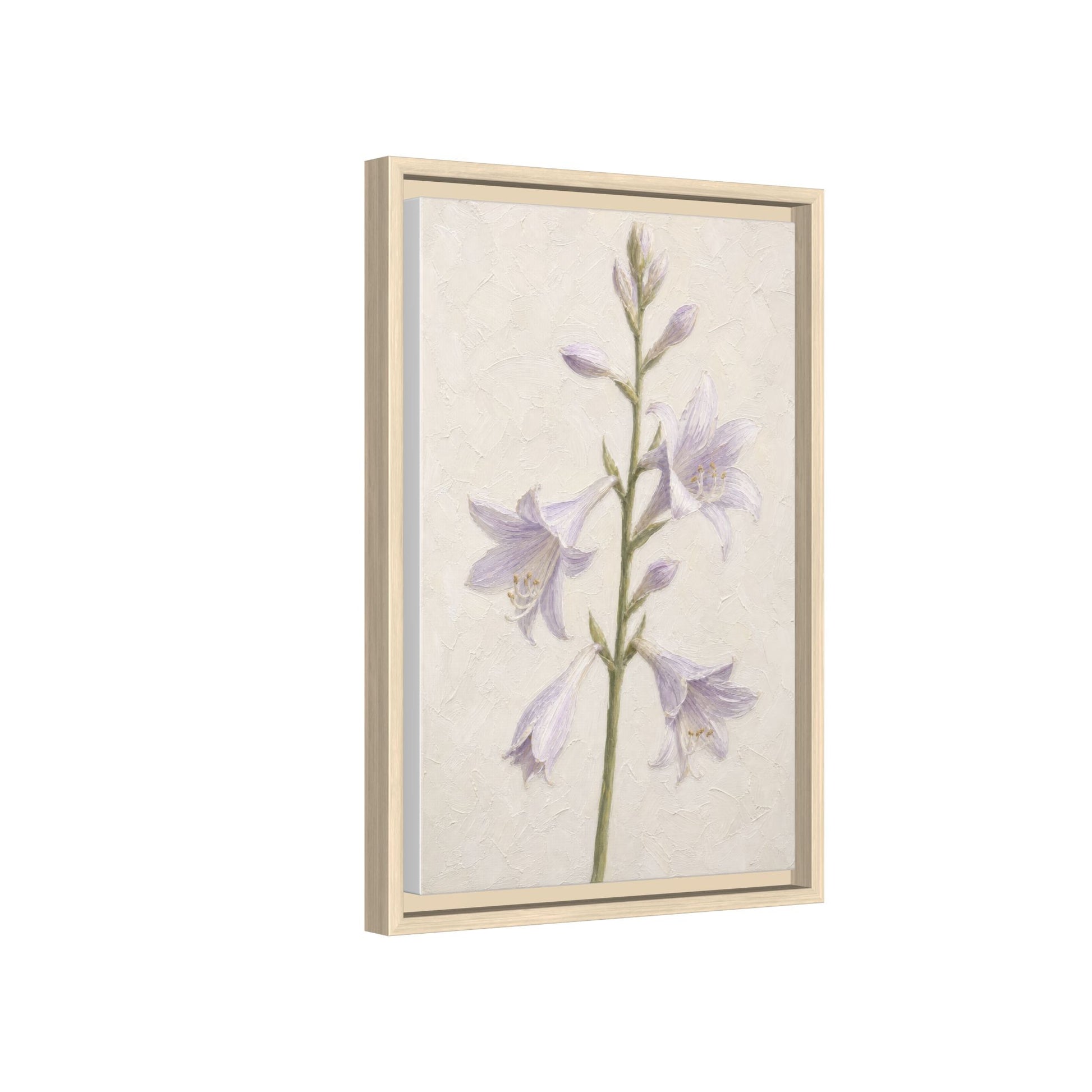 Side angled shot displaying the natural wood texture and depth of the framed floral canvas print.