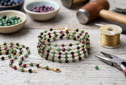 A handmade multi-strand chain bracelet featuring small, faceted gemstone beads in green zoisite, magenta ruby, and black tourmaline wrapped with fine gold wire. The bracelet is displayed on a rustic wooden table alongside jewelry-making tools, including pliers, a spool of gold wire, a wooden mallet, and bowls filled with loose gemstone beads.