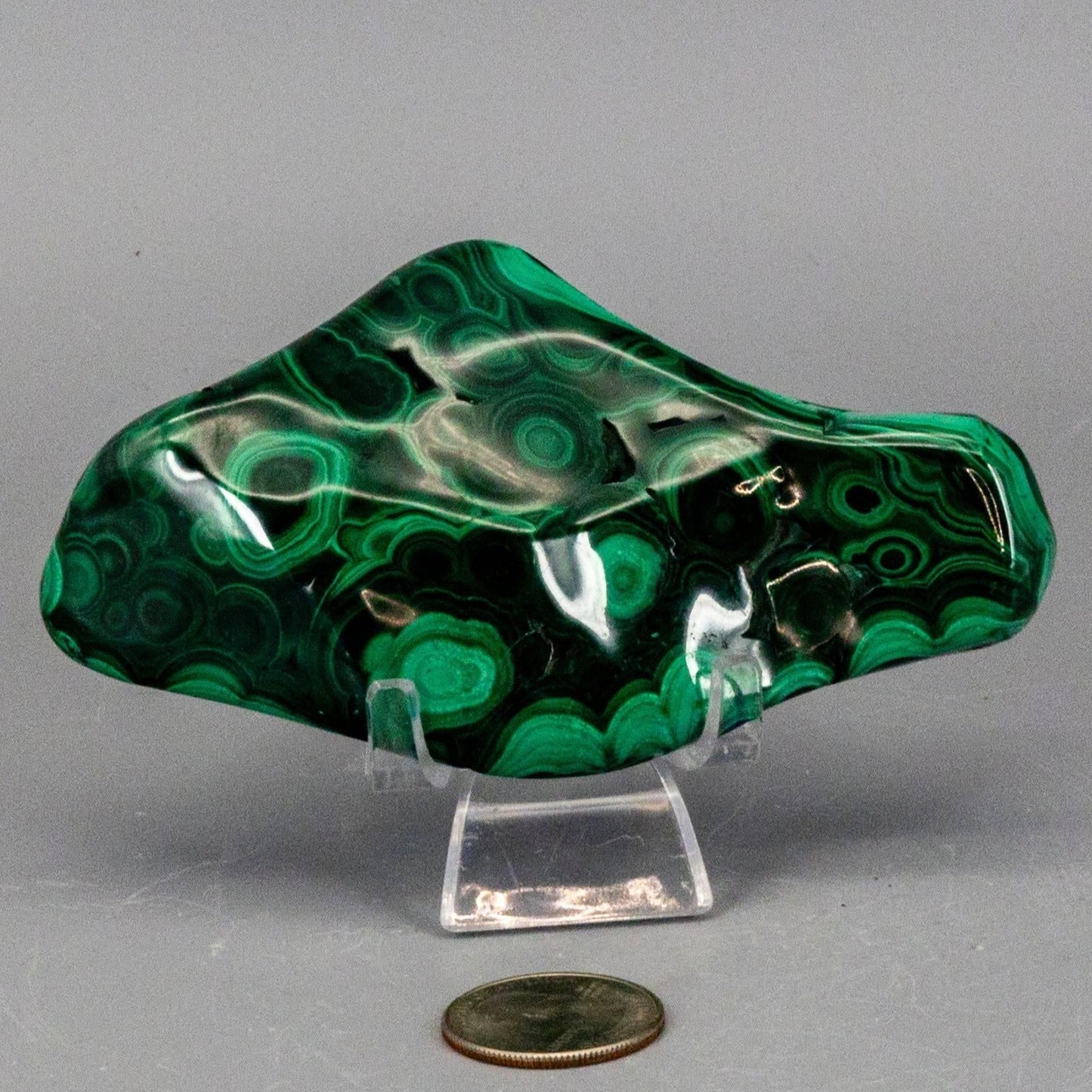 Elongated horizontal polished green malachite freeform specimen showcasing wavy light and dark green lines.