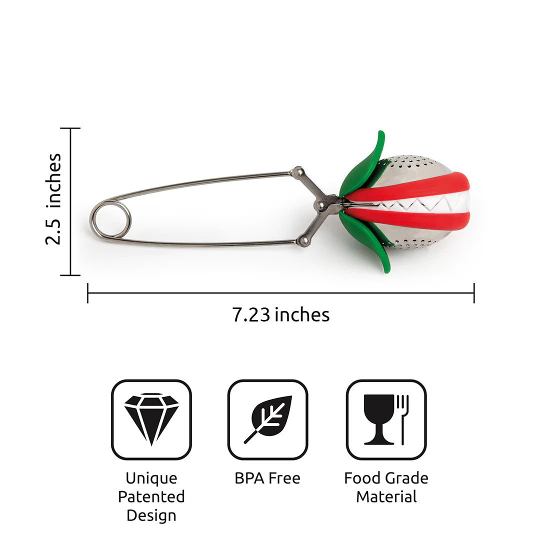 Infographic showing the 7.23 inch length measurement of the Tea Trap infuser with BPA free and food-grade material icons.