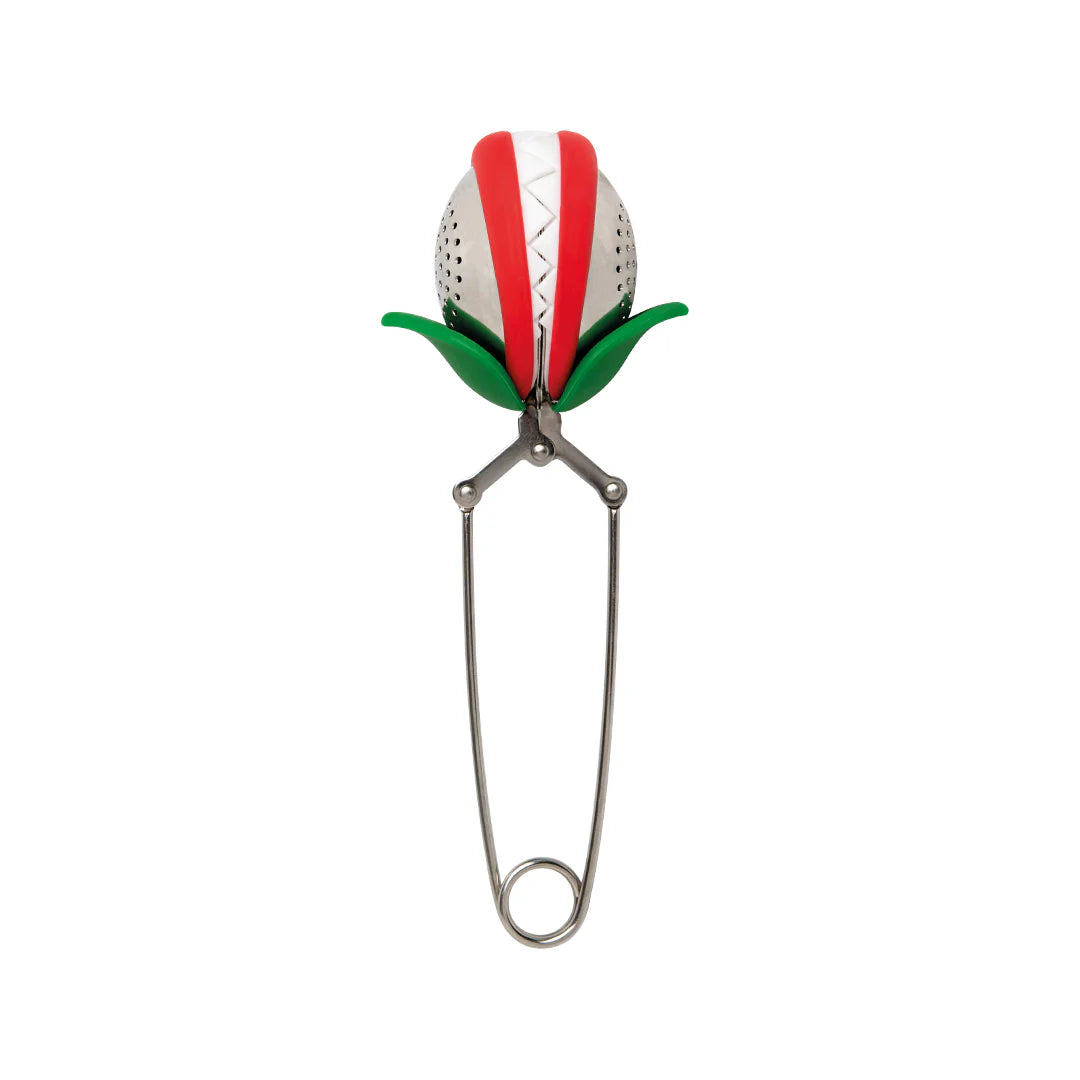Tulip shaped stainless steel loose leaf tea infuser with red and green silicone details on a clean white background.