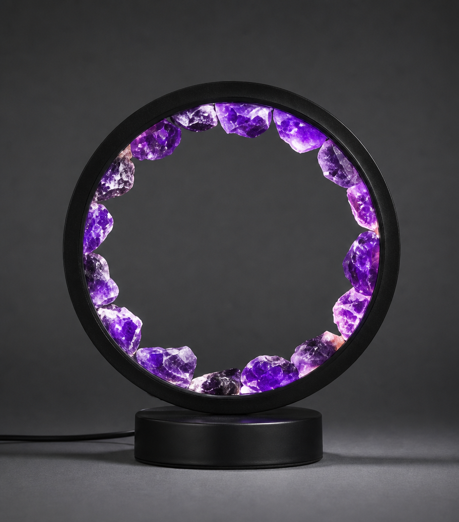 A straight-on product view of the circular amethyst crystal halo lamp illuminated against a dark studio background, showing its low-profile circular base.