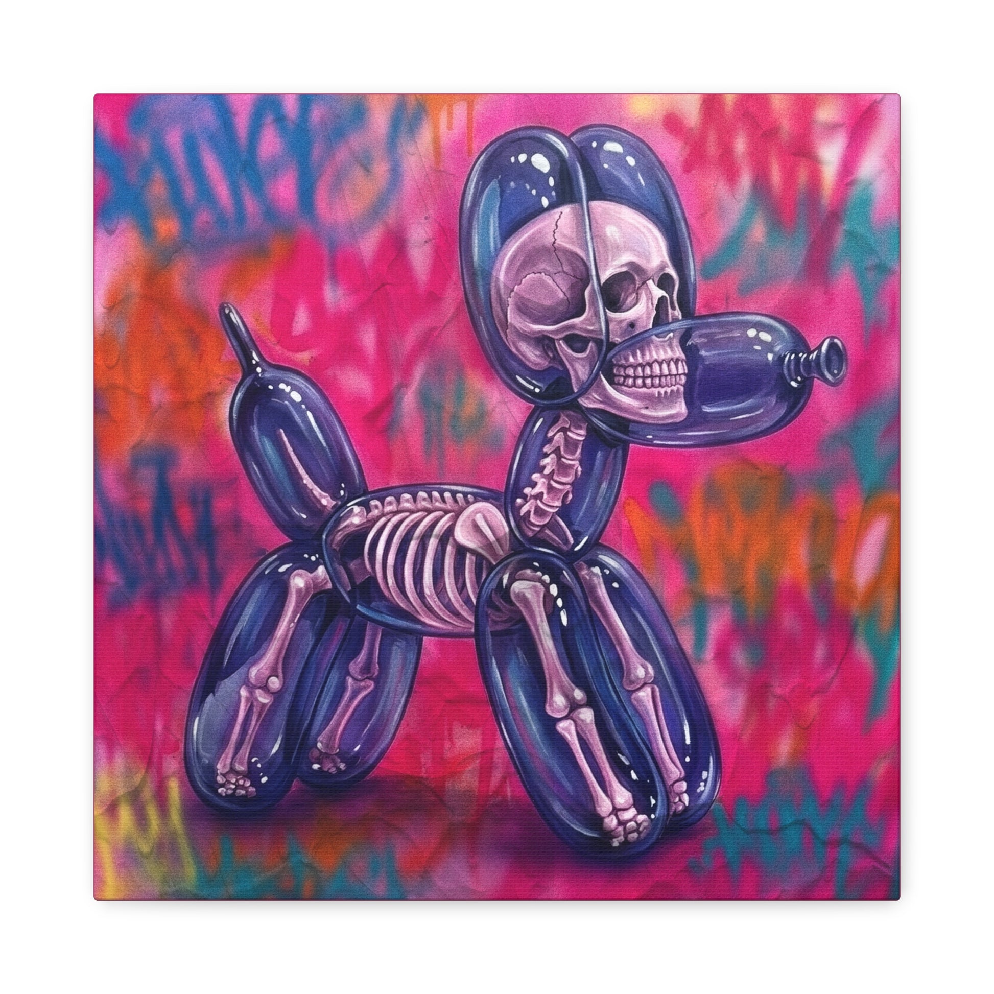 Front view of Anatomy of a party animal #1 square canvas art print featuring a translucent purple balloon dog with an internal human skeleton over a bright pink graffiti background.