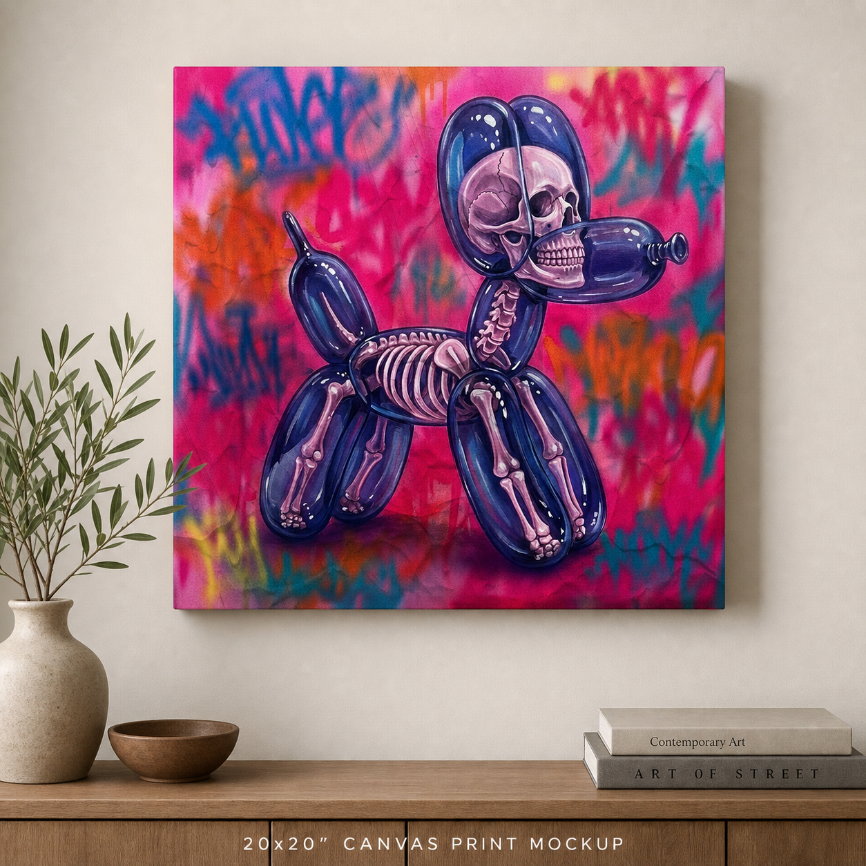 Square unframed canvas art print of a balloon dog skeleton hanging on a modern living room wall above a wooden console table with decor accents.