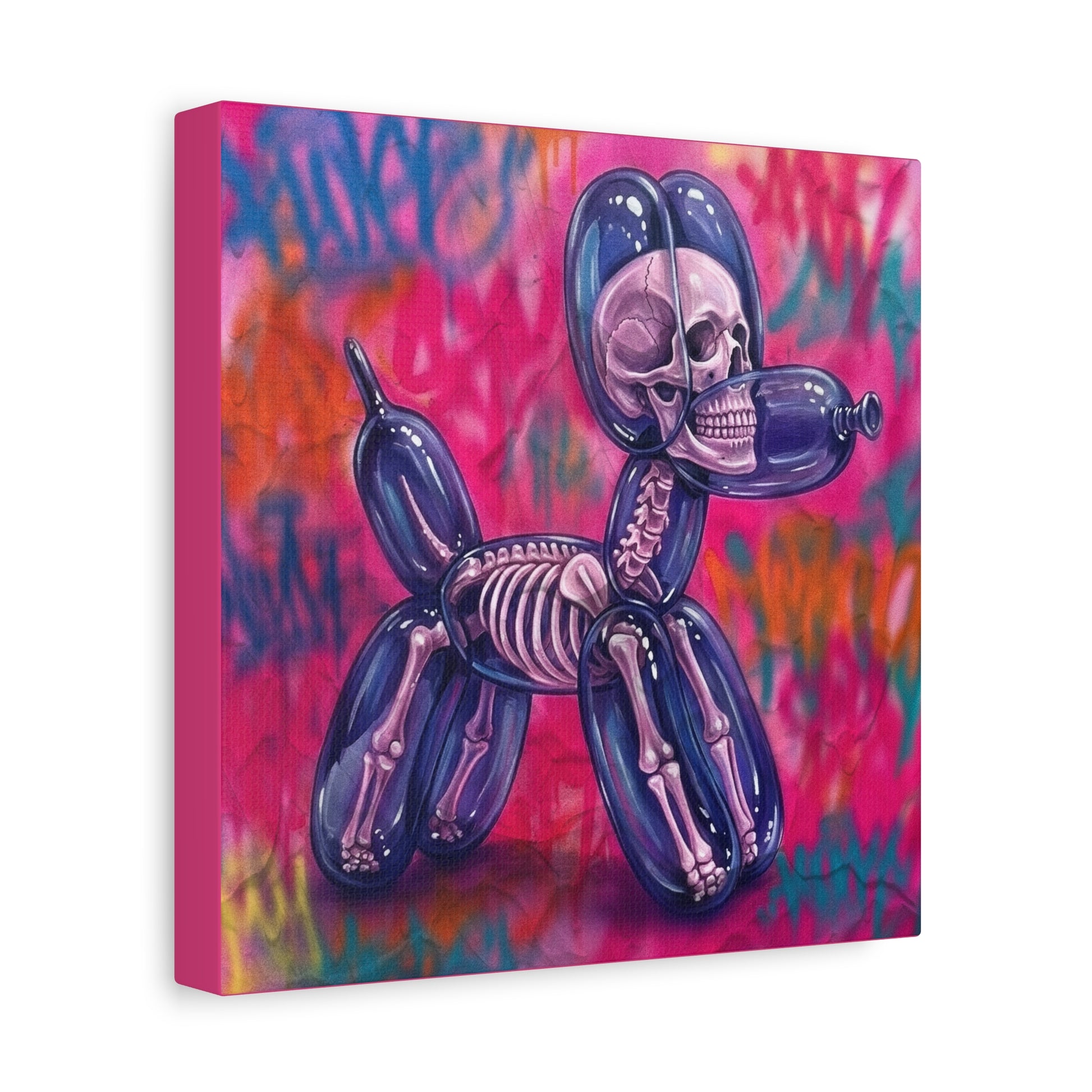 Side profile view of Anatomy of a party animal #1 unframed canvas art print showing the thick 1.25 inch gallery wrap edge with a vibrant pink graffiti design