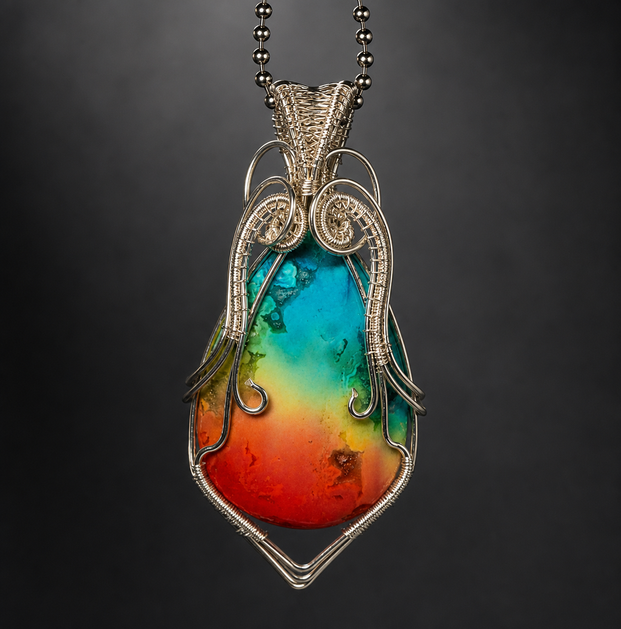 A detailed handcrafted wire-wrapped chakra agate pendant showcasing a teardrop-shaped stone with a vibrant red to blue rainbow color spectrum gradient, resting vertically on raw quartz crystals.