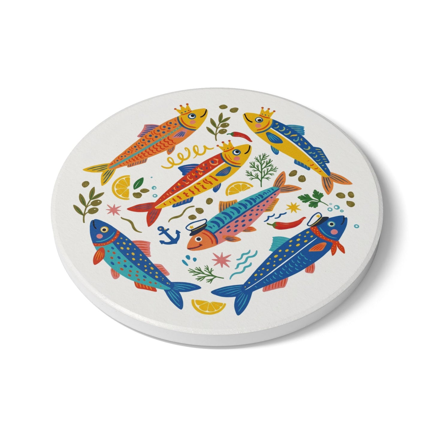 colorful-sardine-fish-pattern-ceramic-coaster-angled-profile-view