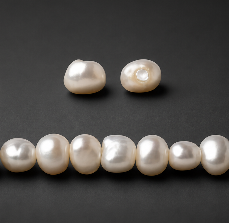 A detailed multi-view of cream baroque freshwater pearls, showcasing two loose beads with a large 2mm side-drilled hole above a horizontal strand section on a white surface.