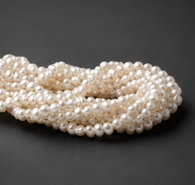 A detailed, layered pile of multiple 15-inch high-luster cream baroque freshwater pearl strands highlighting their organic texture and sheen.