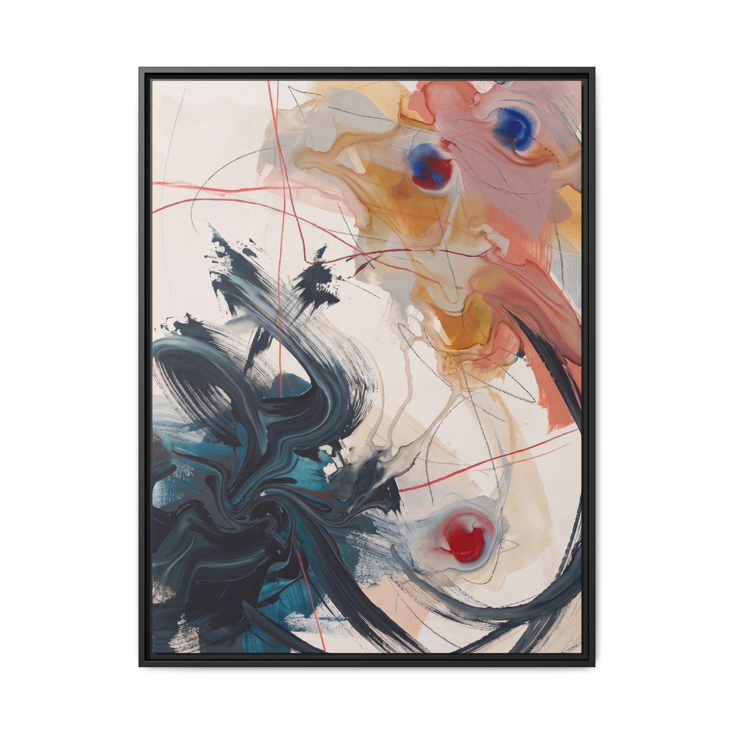 A crisp front presentation of the fluid modern abstract artwork enclosed in a sleek black pinewood frame.