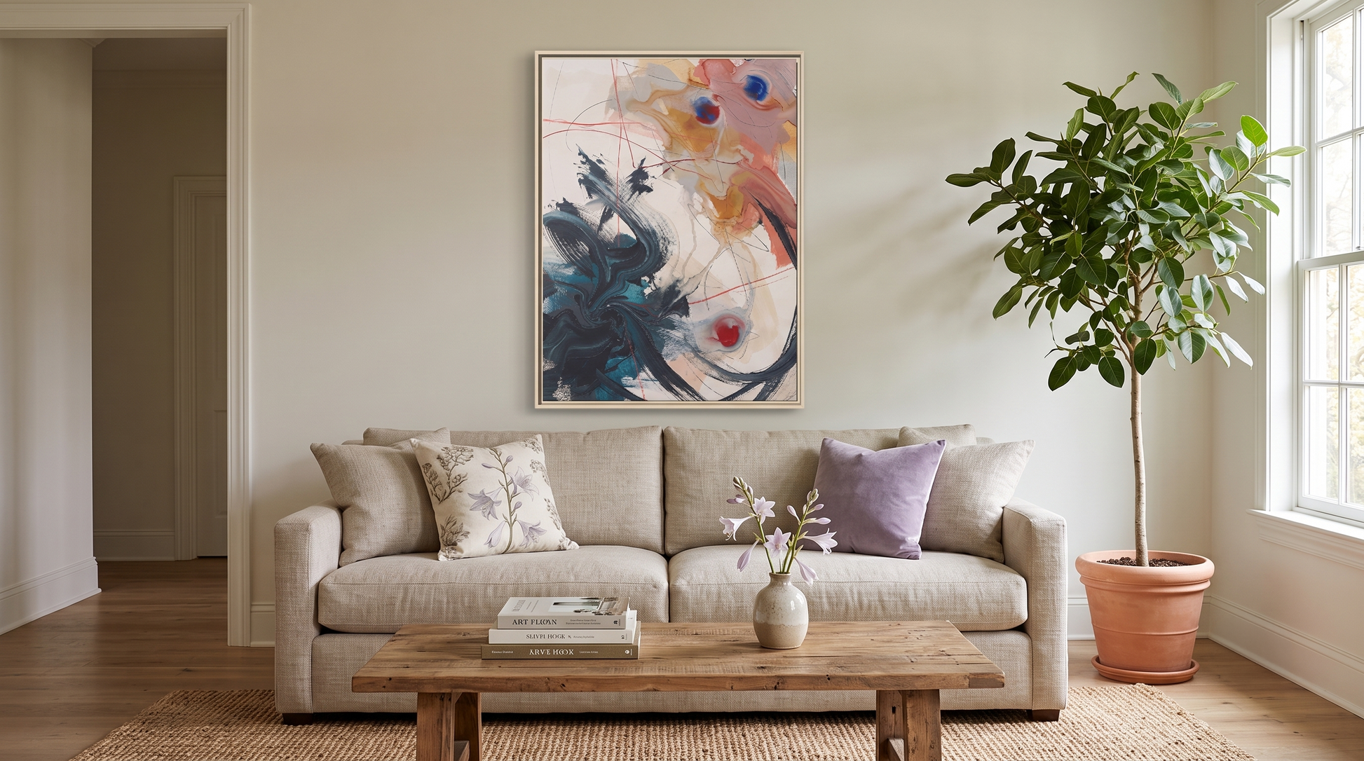 Large vertical abstract framed canvas print hanging on a living room wall above a modern beige sofa.
