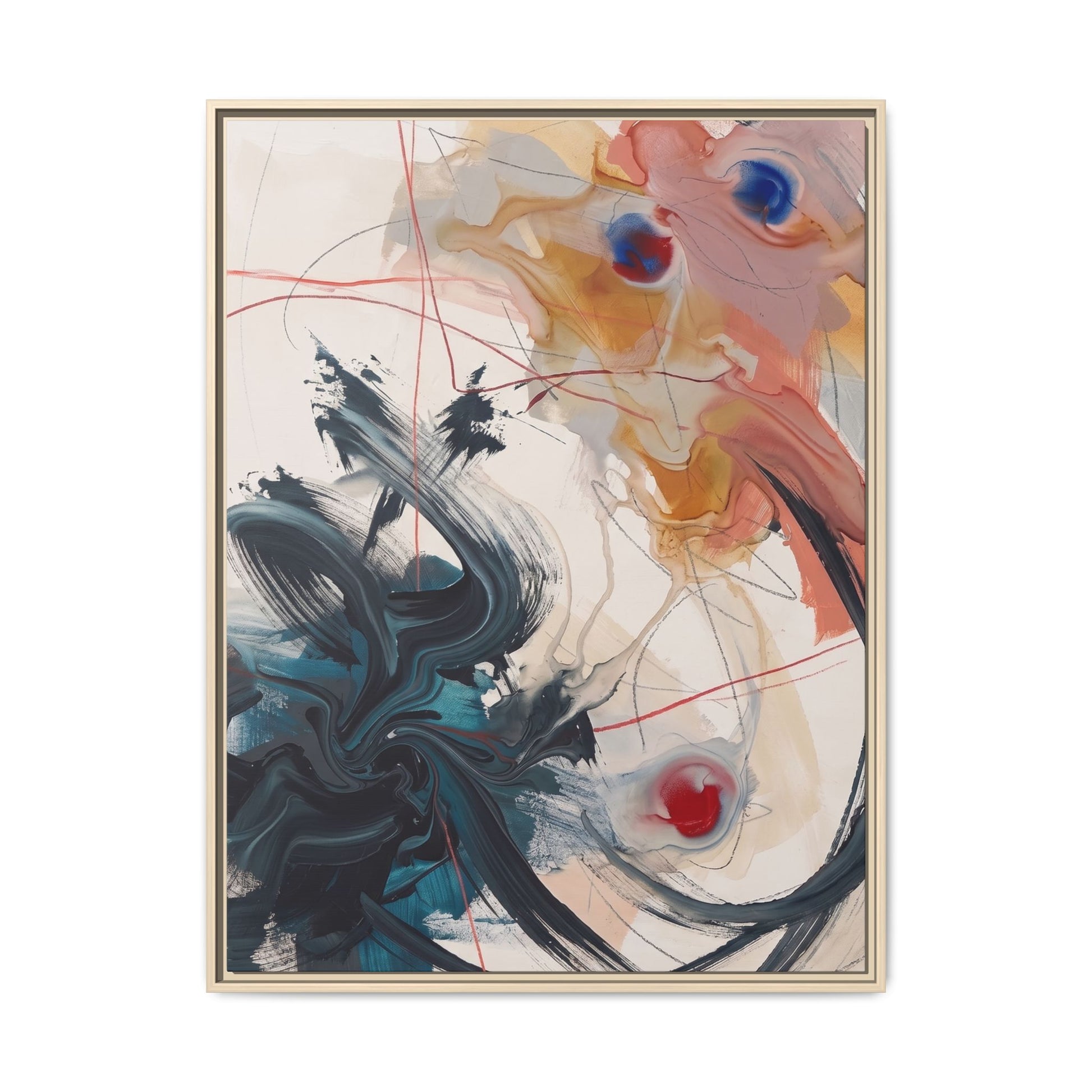 Front view of a vertical abstract canvas print with fluid blue and orange brushstrokes in a 1.25-inch natural pinewood frame.