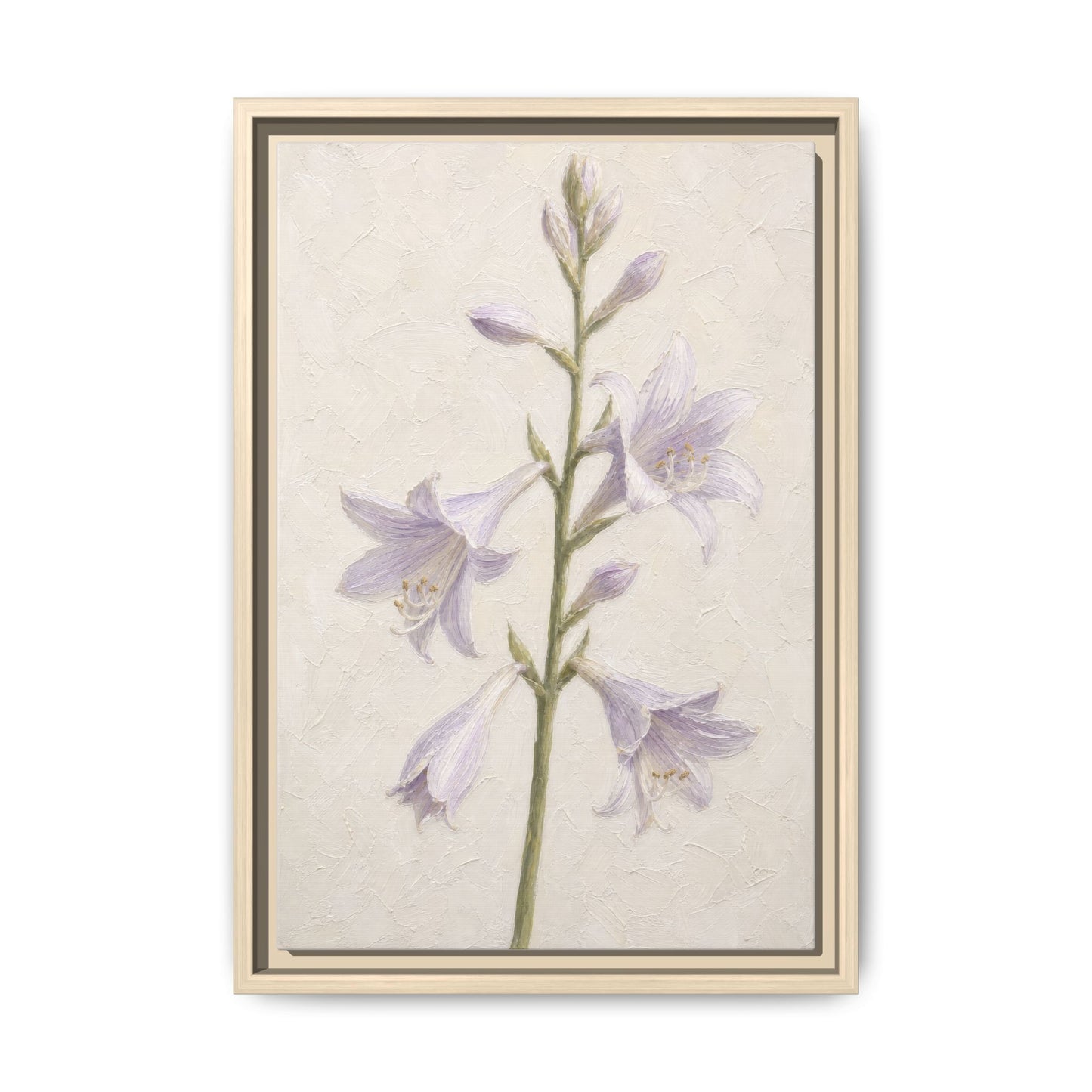 A front shot of the lavender bellflower floral canvas wall art displayed in a natural light wood frame.