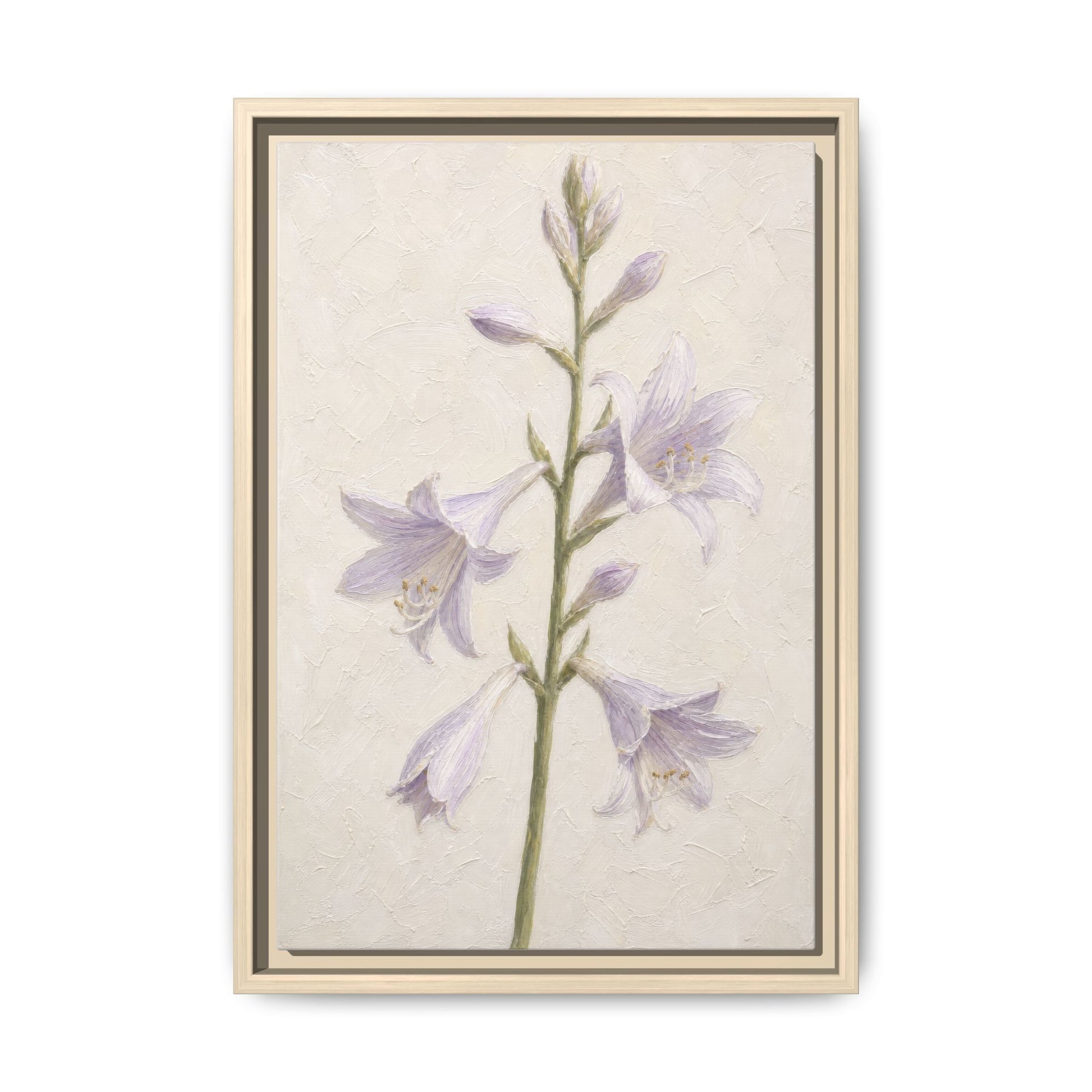 A front shot of the lavender bellflower floral canvas wall art displayed in a natural light wood frame.