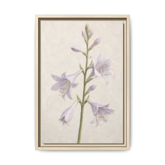 A front shot of the lavender bellflower floral canvas wall art displayed in a natural light wood frame.