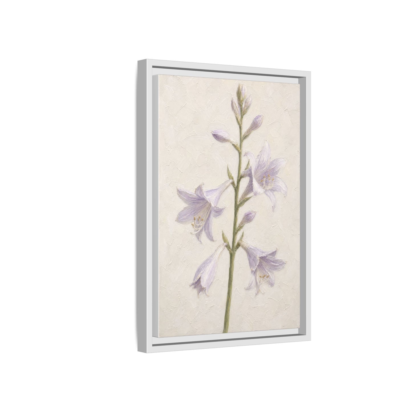 Side-angle perspective of the lavender bellflower canvas print emphasizing the deep white frame structure.