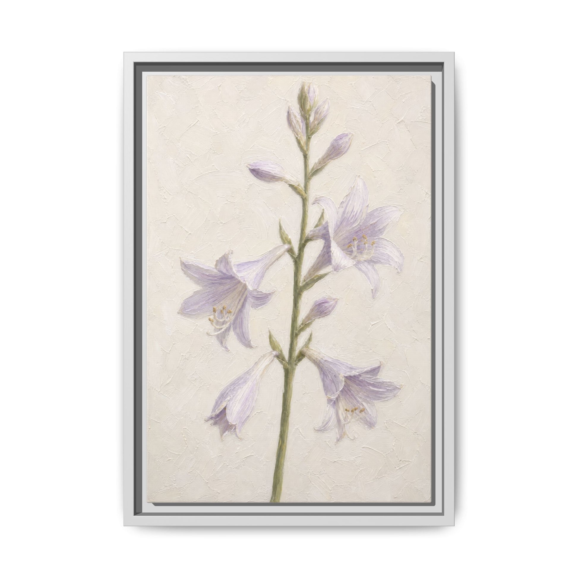 Straight-on front view of the lavender bellflower botanical print enclosed in a clean white frame.