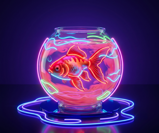 A square digital metal illustration titled Glow No 1 featuring a shiny, vibrant pink and orange goldfish inside a glass bowl illuminated by electric pink and neon blue light rings on a deep indigo background.