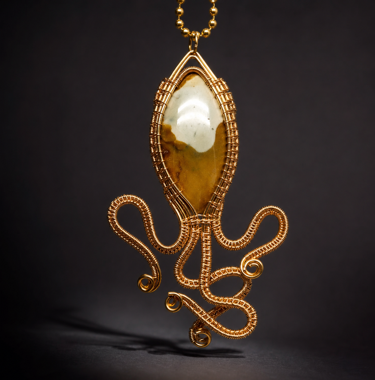 A detailed handcrafted gold wire-wrapped squid pendant showcasing an oval, polished cream and brown polychrome jasper gemstone