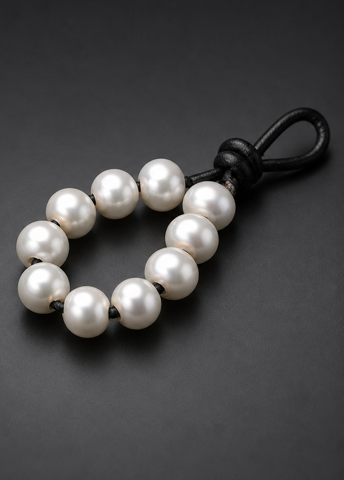 A single set of ten white off-round large hole freshwater pearls threaded cleanly onto a black leather jewelry cording loop over a dark background.