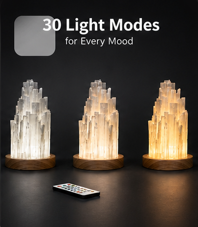 A three-panel product photo showcasing the selenite crystal lamp glowing in white, neutral, and warm orange lighting tones, shown with its wireless remote control on a black surface.