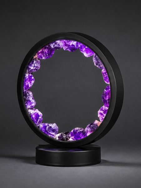 A modern matte black circular ring desk lamp lined with raw purple amethyst crystals glowing with vibrant purple light against a dark grey backdrop.