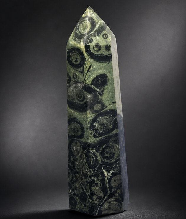 A six-sided polished Kambaba Jasper crystal tower showing distinctive green and black orbicular swirls against a clean white background.