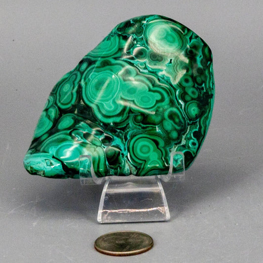 Front view of a large polished green malachite freeform crystal specimen showing concentric ring patterns on a clear display stand.
