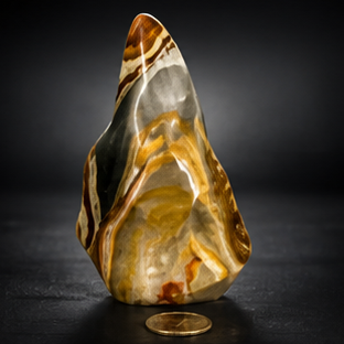 The back profile of the polished crystal flame sculpture showing flowing ribbons of gold, grey, and deep clay-red tones.