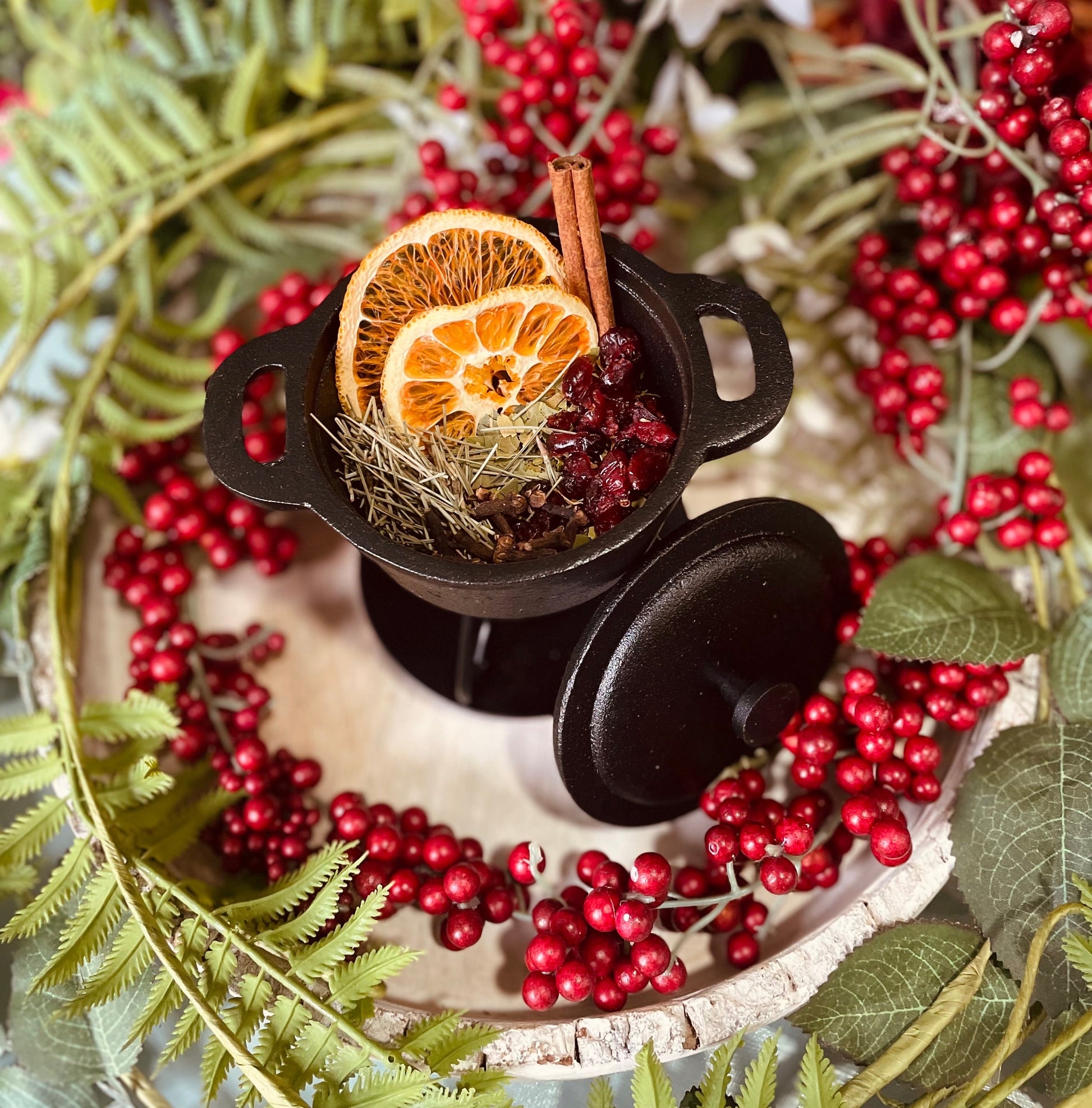 A close-up, angled view of dried orange slices and whole cinnamon sticks arranged inside a small black cast-iron style pot surrounded by winter holly berries.