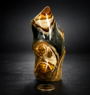 Side view of the multi-colored Polychrome Jasper flame carving highlighting circular earth-toned mineral patterns against a dramatic black background.