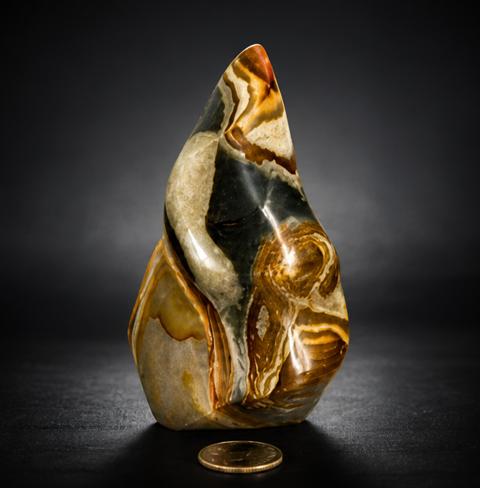 A hand-polished Polychrome Jasper crystal flame sculpture with intricate swirling bands of brown, grey, and gold, standing on a dark reflective surface with a coin for scale.