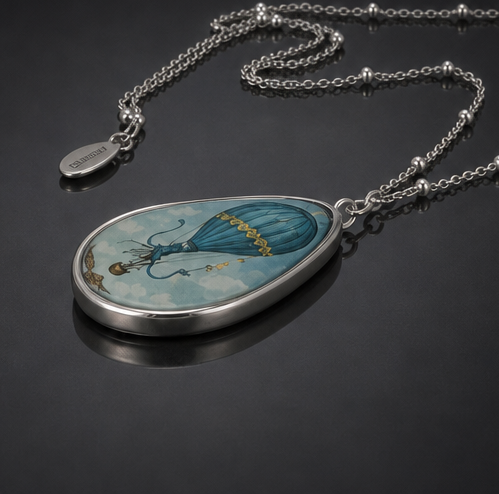 quirky blue calamari pendant surreal hot air balloon necklace silver chain weird vintage sky wearable art eccentric jewelry
