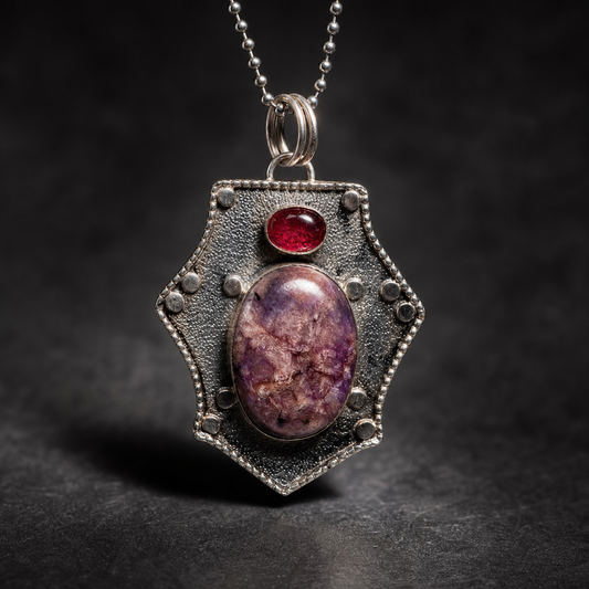 An ornate, textured 925 sterling silver shield pendant setting holding an oval violet charoite gemstone and a small red accent stone