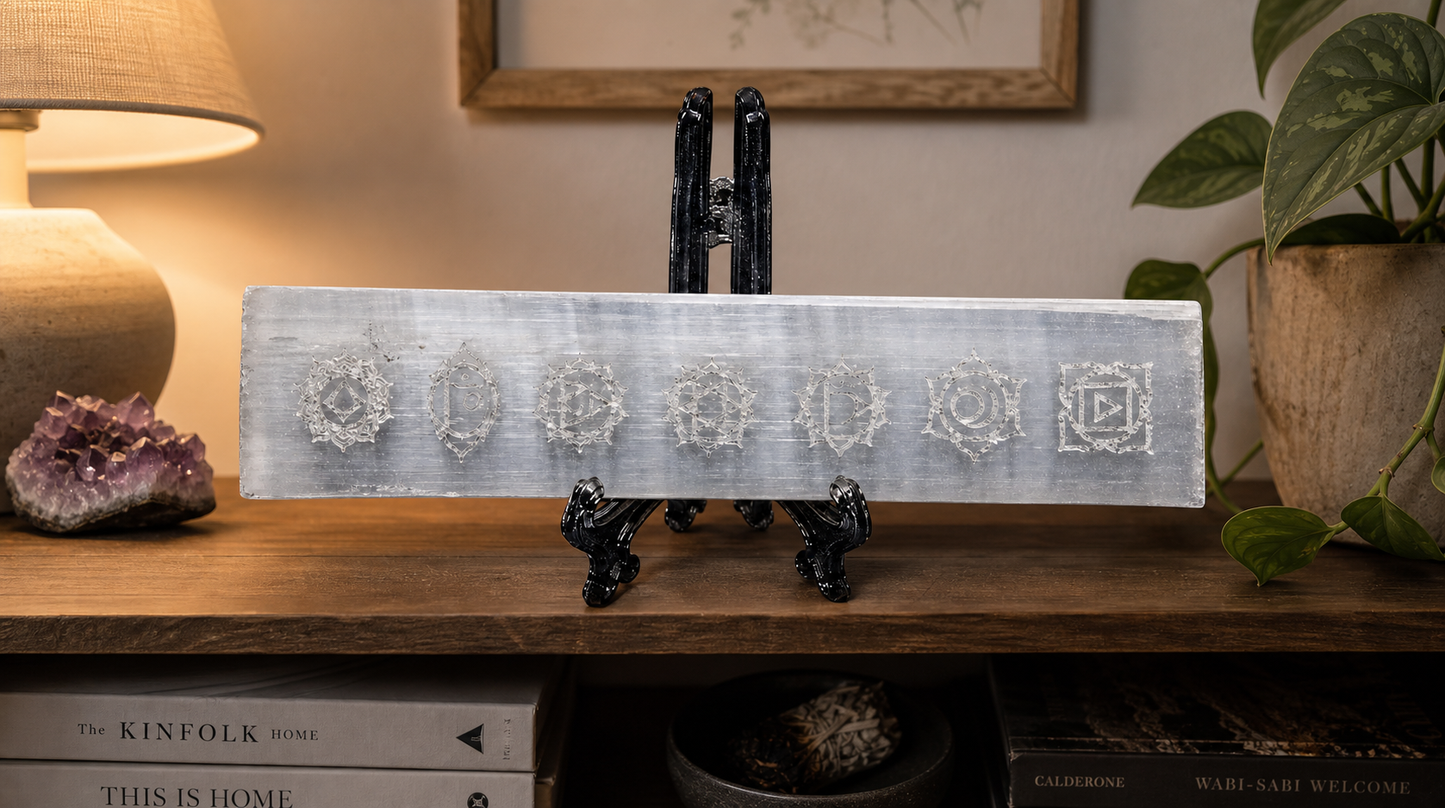 A long rectangular white selenite crystal plate engraved with seven intricate chakra symbols, displayed on a black ornate easel stand on a wooden tabletop with home decor accents.