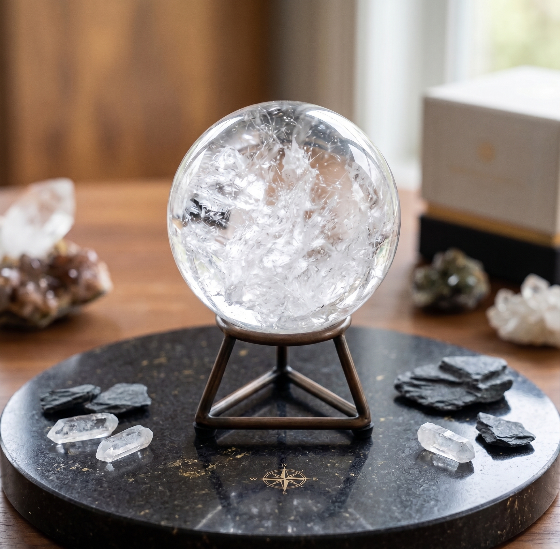 A clear quartz crystal ball sitting on a gold geometric metal display stand on a black circular table surrounded by raw accent crystals.