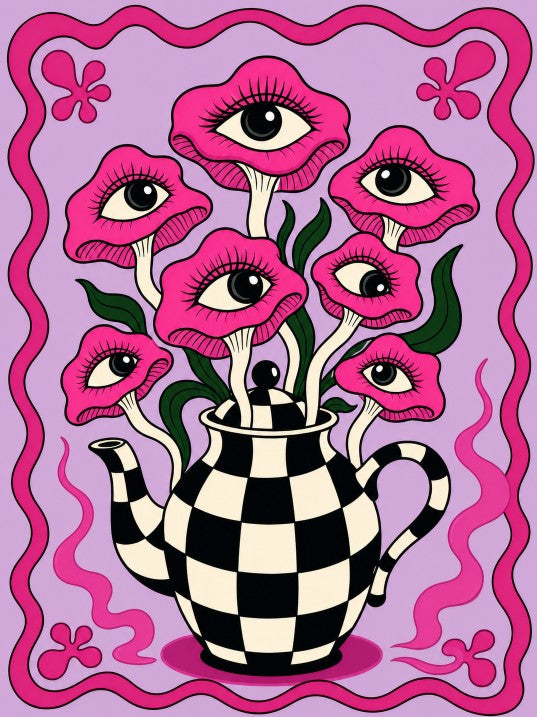 A vertical surreal art print featuring whimsical pink flowers with eyeballs blooming out of a black and white checkerboard teapot against a purple background.