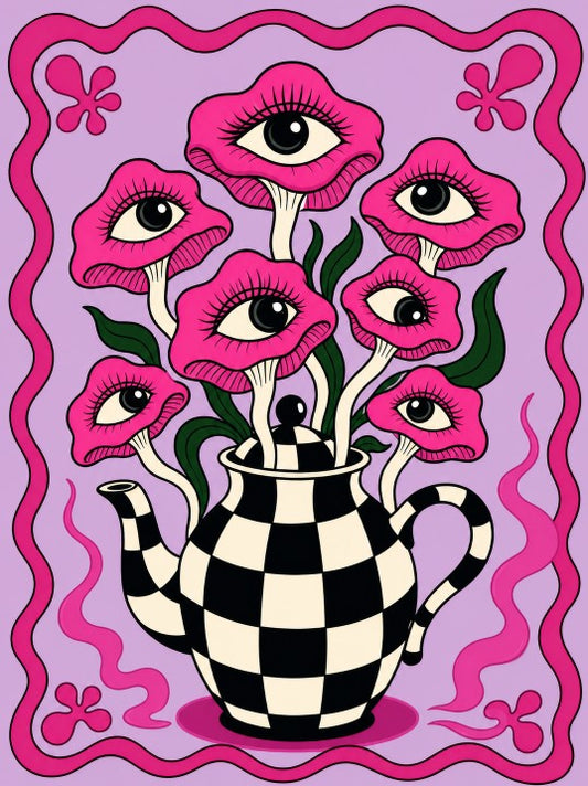 A vertical surreal art print featuring whimsical pink flowers with eyeballs blooming out of a black and white checkerboard teapot against a purple background.