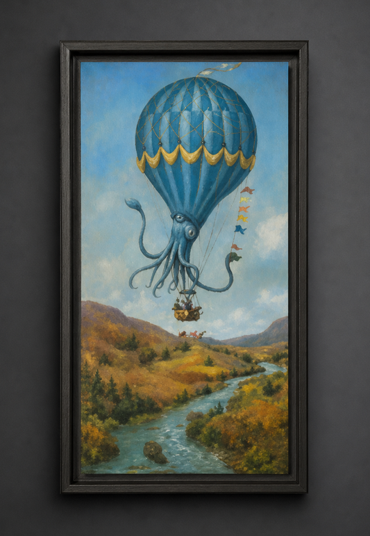 surreal fine art octopus hot air balloon painting moody maximalism weird wall decor blue calamari vintage landscape framed canvas
