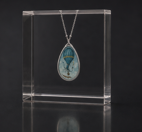 surreal octopus hot air balloon necklace weird vintage sky jewelry blue calamari teardrop pendant silver quirky eccentric art charm