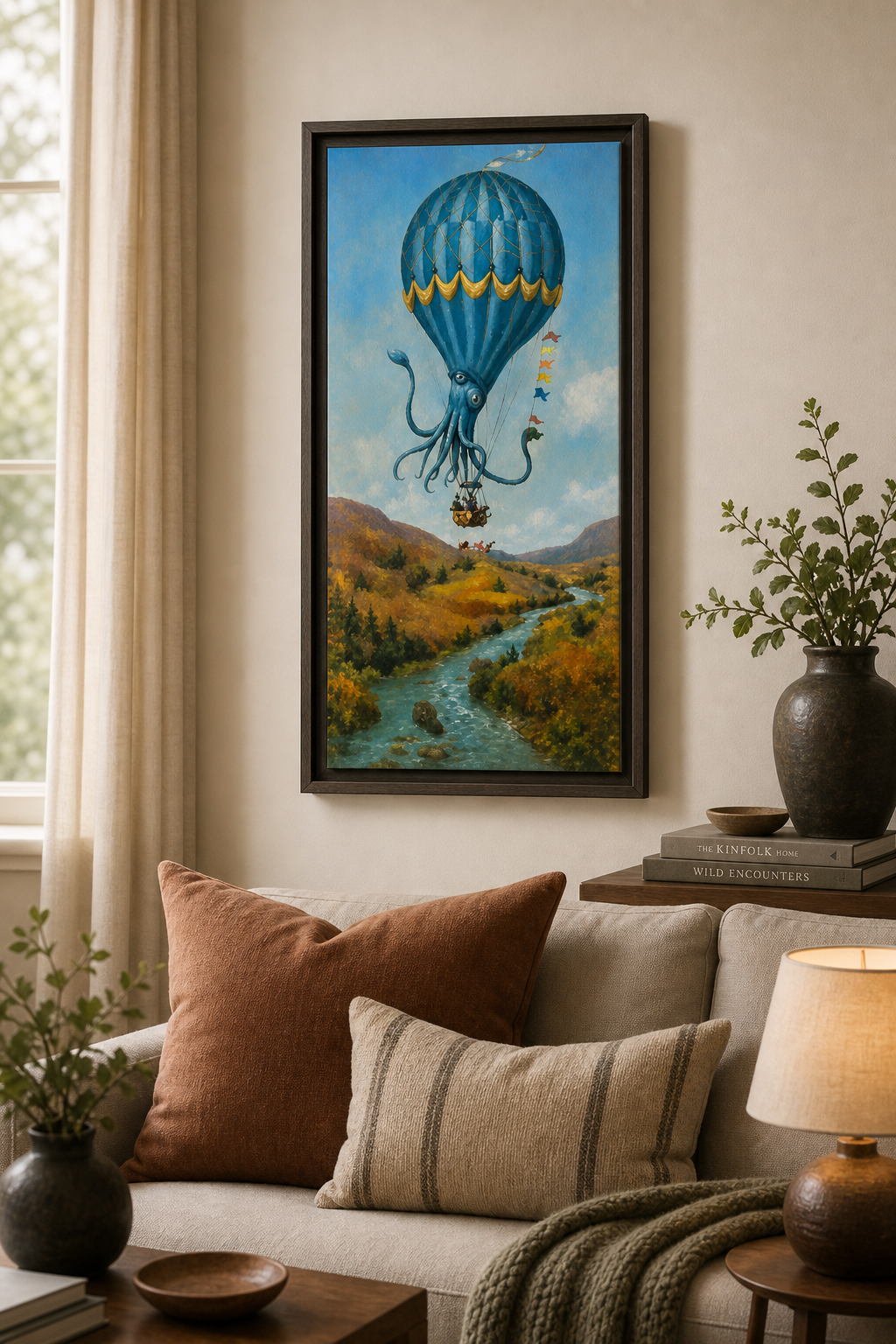 weird home decor moody maximalism living room surrealist fine art octopus hot air balloon whimsical fantasy landscape framed canvas print