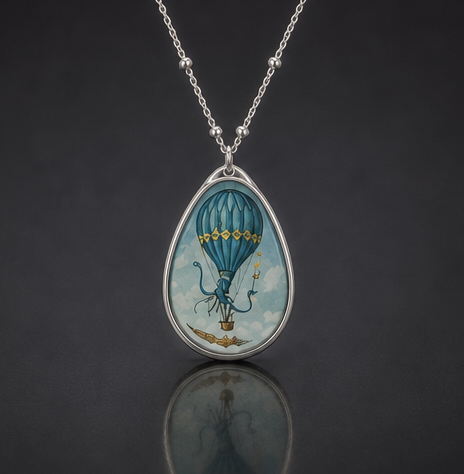 weird octopus hot air balloon jewelry surreal vintage sky necklace silver teardrop pendant blue calamari eccentric wearable art