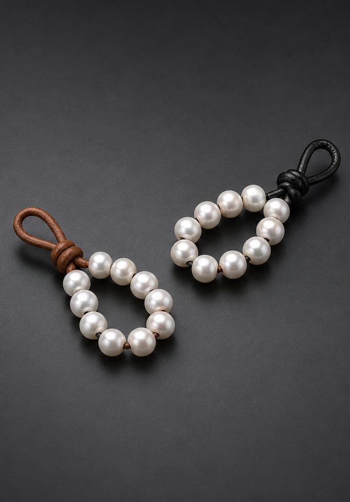 Two separate artisan display strands of ten high-luster white off-round freshwater pearls, one looped on a brown leather cord and the other on a black leather cord against a dark backdrop.